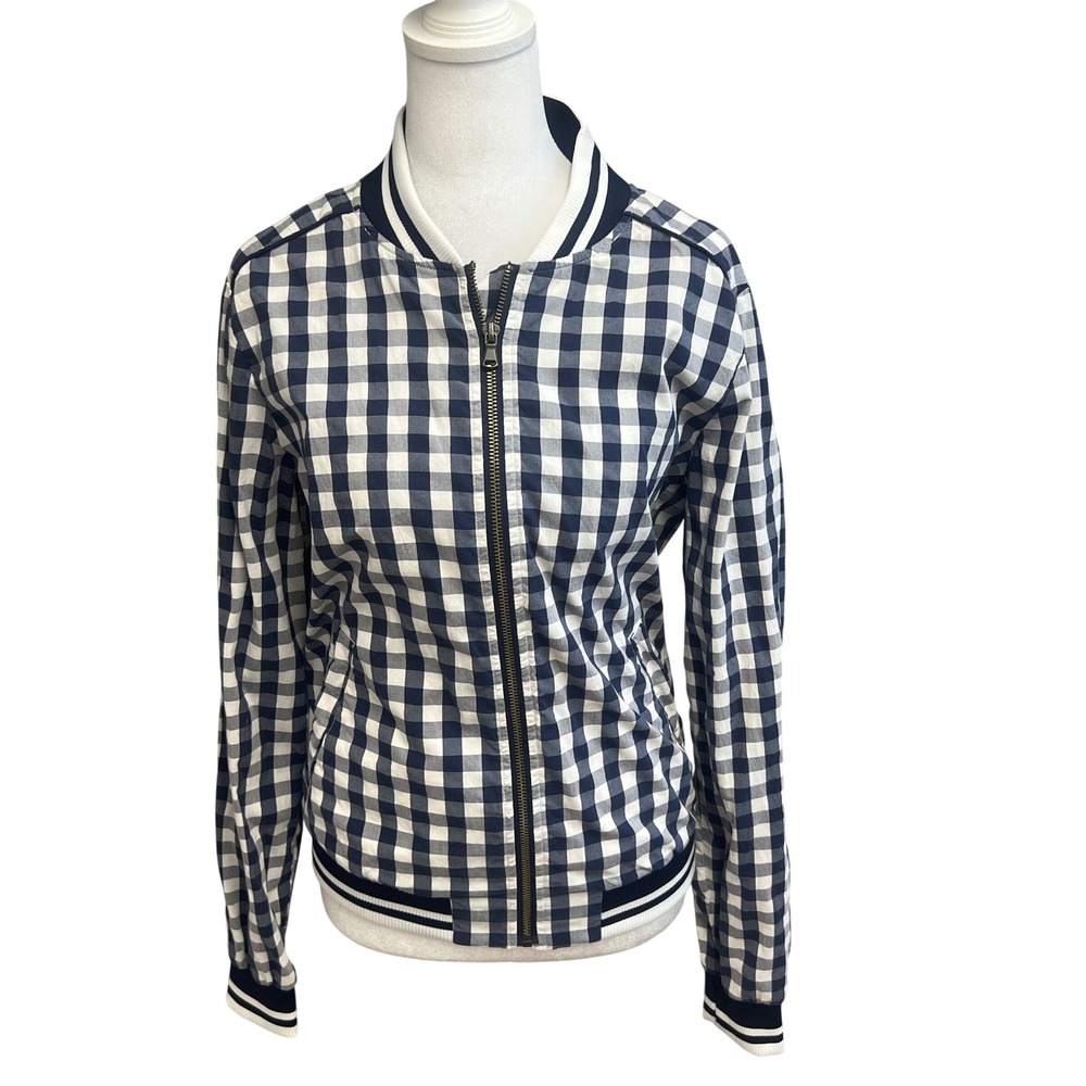 Retro Bomber Jacket Gingham Check Navy Blue White Sz M Full Zip Coastal Nautical
